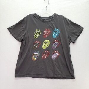 The Rolling Stones TShirt Womens XL Gray 9 Lips Graphic Band Tee Cropped Concert